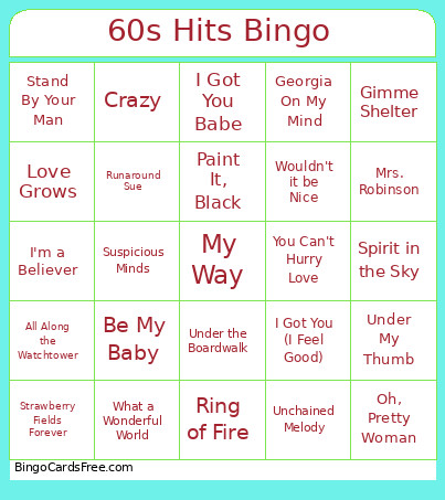 60s Hits Bingo Card