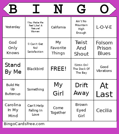 60's Music Bingo Card