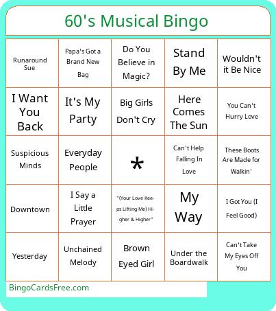 60's musical bingo Cards Free Pdf Printable Game, Title: 60's Musical Bingo