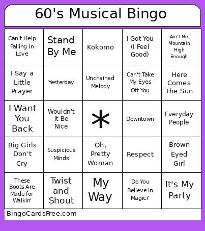 60's Musical Bingo Card