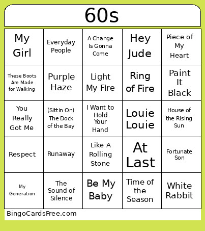 60s Songs Bingo Card