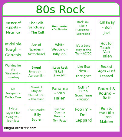 66. 80s Rock Bingo Card