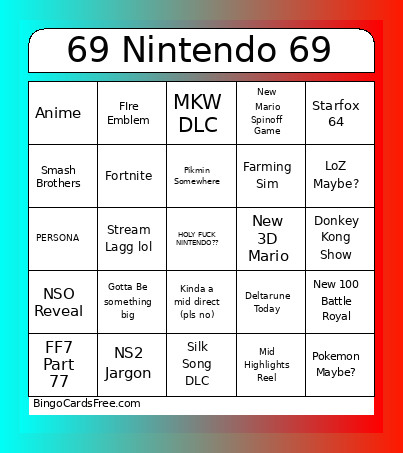 69 Nintendo Direct Bingo Card