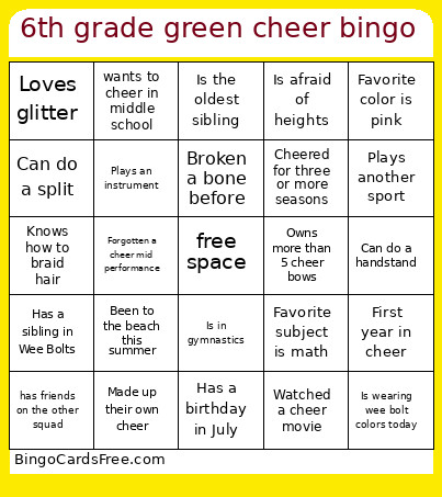 6th Grade Green Cheer Bingo Card