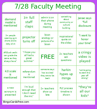 7/28 Faculty Meeting Bingo Card