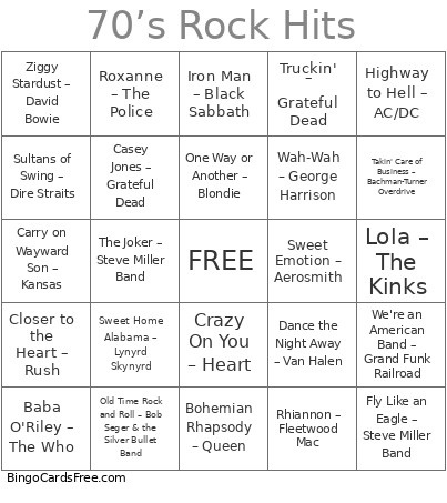 70’s Rock Hits Bingo Card