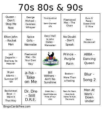70s 80s & 90s Bingo Card