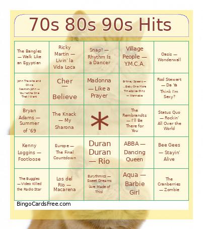 70s 80s 90s Hits Bingo Card