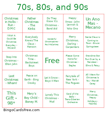 70s, 80s, And 90s Bingo Card