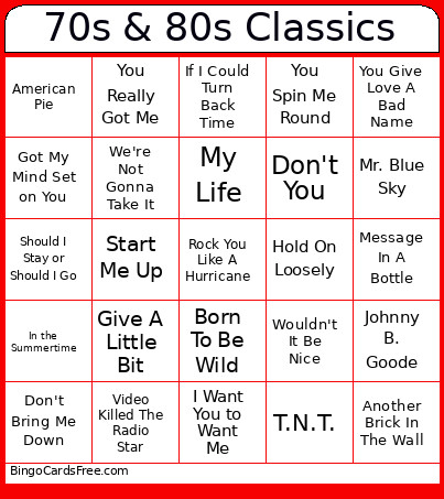 70s & 80s Classics Bingo Card