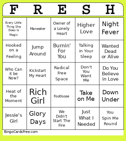 70s/80s Music Bingo Card