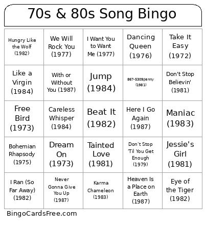 70s & 80s Song Bingo Card