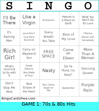 70s And 80s Hits Bingo Card