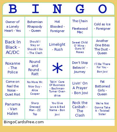 70's and 80's Rock Bingo