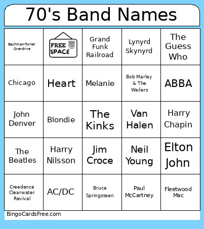 70's Band Names Bingo Card