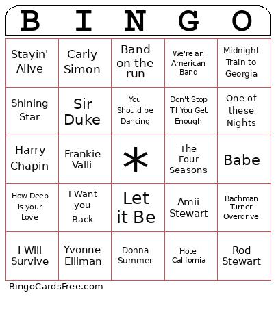 70's Chart Toppers Bingo Cards Free Pdf Printable Game, Title: BINGO