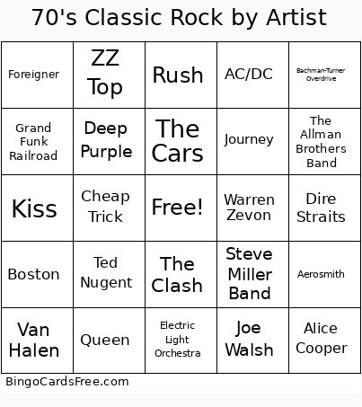 70's Classic Rock By Artist Bingo Card