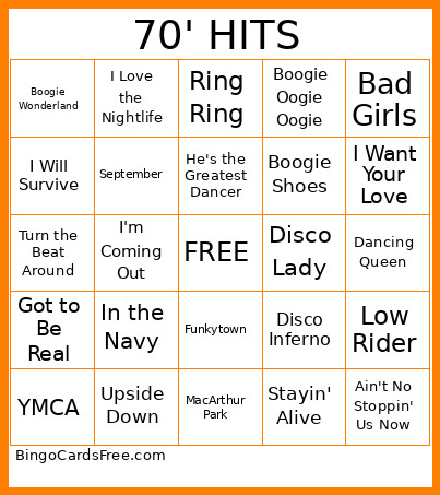 70's HITS Bingo Card