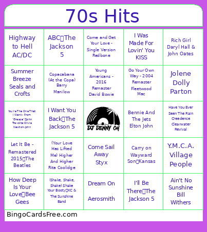70s Hits Bingo Card