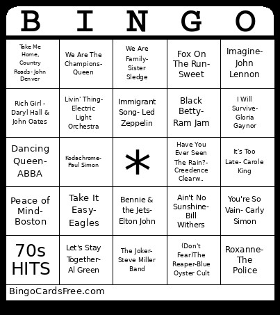 70s Hits Bingo Card