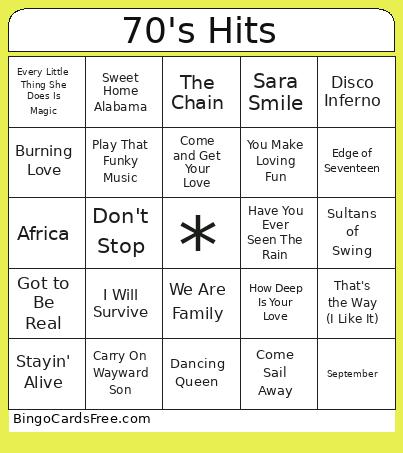 70's Hits Bingo Card