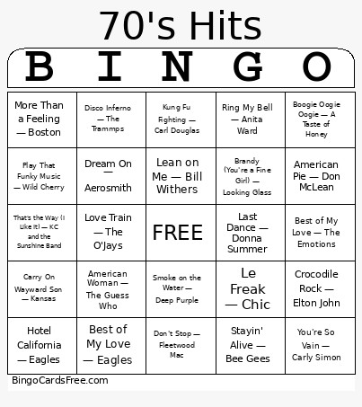 70's Hits Bingo Card