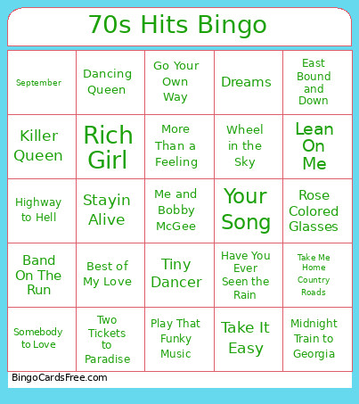 70s Hits Bingo Card