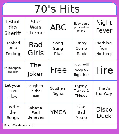 70's Hitts Bingo Card