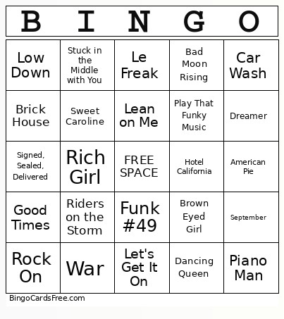 70s List 3 Bingo Card