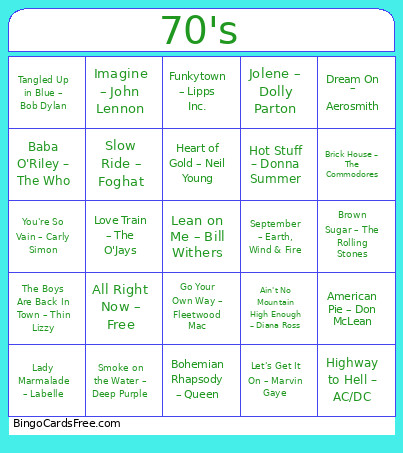 70's Music Bingo Card