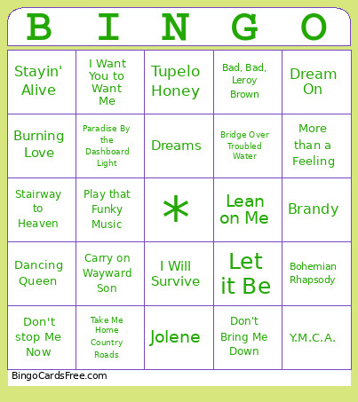 70s Music Bingo Card