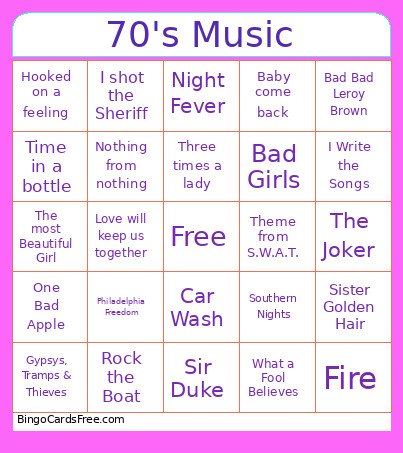70's Music Bingo Card