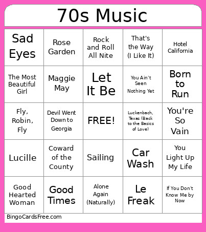 70s Music Bingo Card