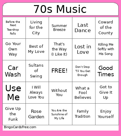 70s Music Bingo Card