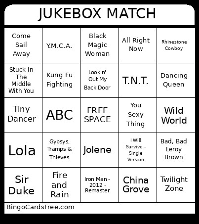 70's Music Bingo Card