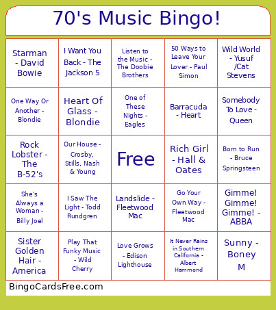 70's Music ! Bingo Card