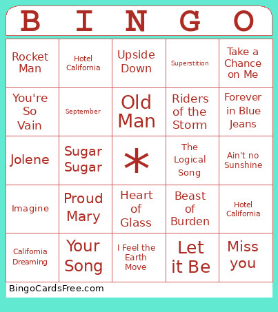 70's Music Bingo Card