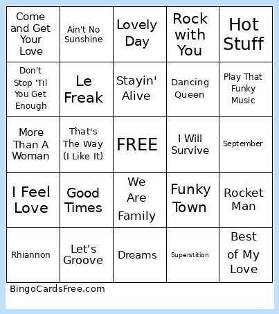 70s Music Bingo Card