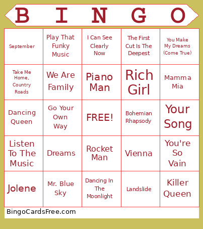 70's Music Bingo Card