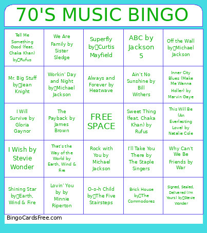 70'S MUSIC Bingo Card
