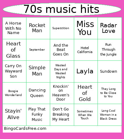 70s Music Hits Bingo Card