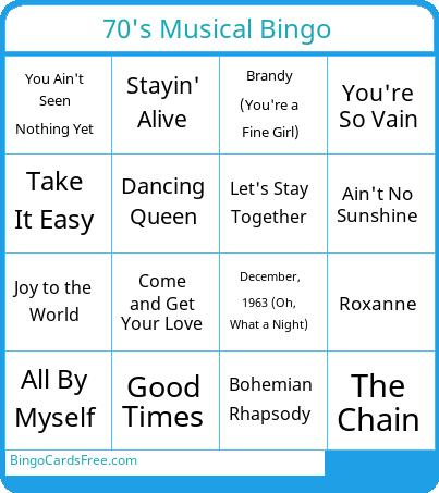 70's Musical Bingo Cards Free Pdf Printable Game, Title: 70's Musical Bingo