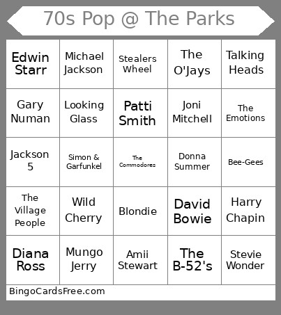 70s Pop @ The Parks Bingo Card