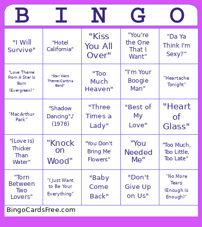 70's Rock Bingo Card