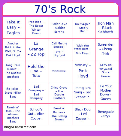 70's Rock Bingo Card