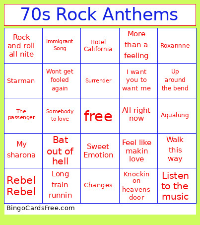 70s Rock Anthems Bingo Card