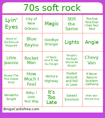 70s Soft Rock Bingo Card