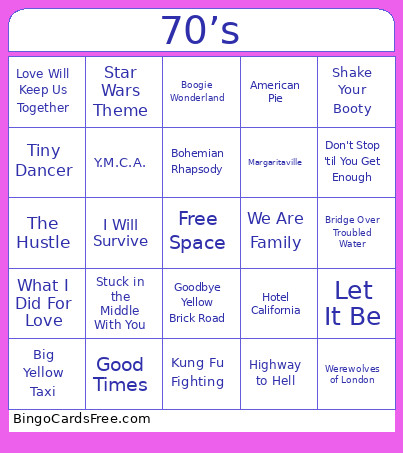 70s Songs Bingo Card