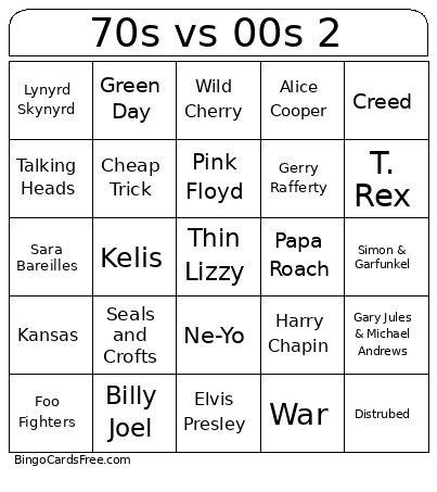70s Vs 00s 2 Bingo Card