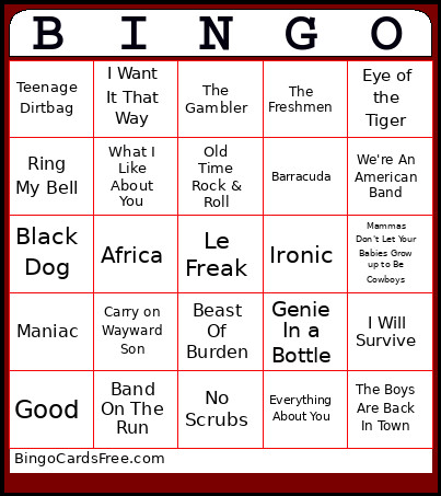70s80s90s Music Bingo Card